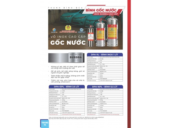 Bình chữa cháy gốc nước vỏ inox 1L, 3.5L, 6.5L Dolphin